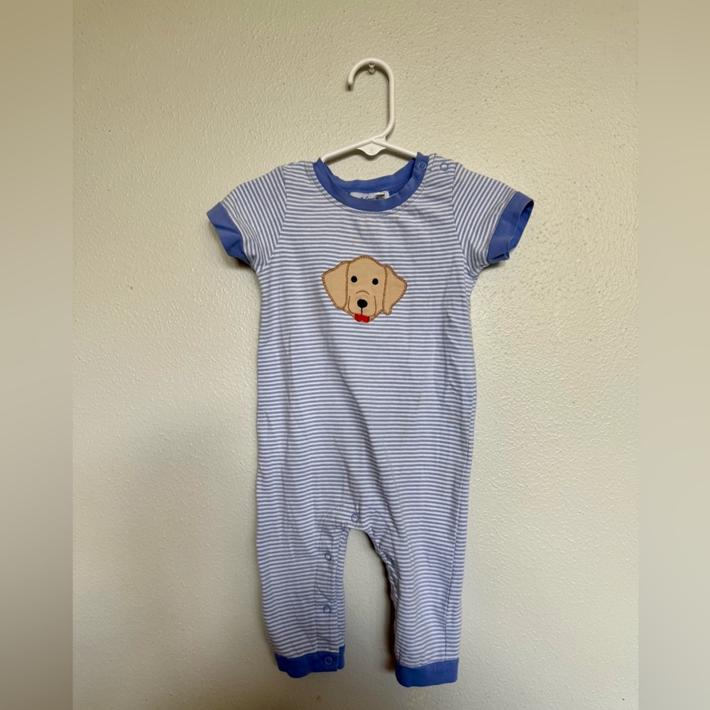 Blue Striped Baby One-Piece Bodysuit with Puppy Applique